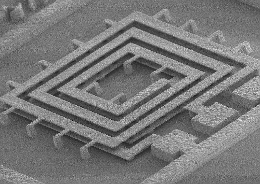 SEM image of three-dimensional, stacked, air-core microinductor.